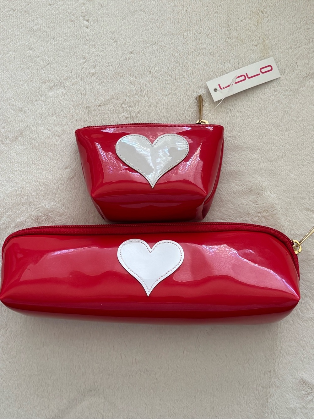 Red Patent Heart Cosmetic Bag Set